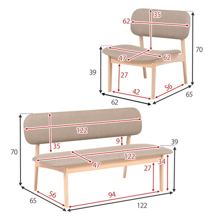 ダイニング4点セット ゆったり座面 ロータイプ ダイニングテーブル ダイニングベンチ・チェア2脚 幅145 天然木 ベージュ