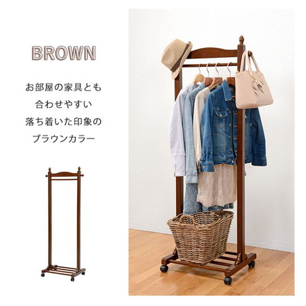 ハンガーラック キャスター付き 木製 ラバーウッド 幅60cm 奥行40cm 高さ154cm 棚付き コートハンガー ブラウン
