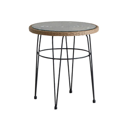 ラタン調 ガラス天板 カフェテーブル 幅59.5 スチール脚 PEラタン サイドテーブル