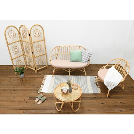 ラタンテーブル 円形 直径50cm 木製 ガラス センターテーブル ローテーブル 韓国