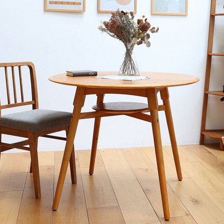 ダイニングテーブル 円形 棚付き 幅90cm 4本脚 アジャスター付き 木製 天然木 丸テーブル カフェテーブル