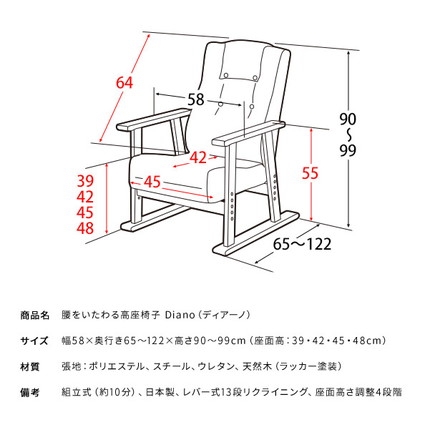 日本製 高座椅子 腰をいたわる高座椅子 Diano ディアーノ 4段階調整 レバー式 13段階リクライニング 高さ調整 イエロー