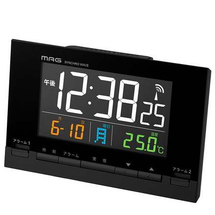 MAG 目覚まし時計 置き時計 電波時計 デジタル AC電源 カラー液晶 光る 見やすい 温度計 カレンダー 電子音