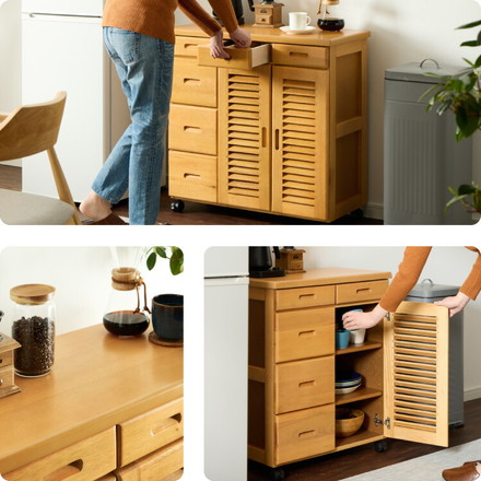 キッチンワゴン 完成品 幅75cm キャスター付き 天然木 ルーバーキッチンワゴン 大容量 引出し収納 扉収納