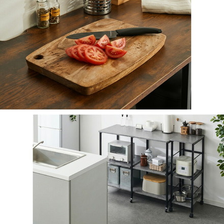 ダブルスライド棚 キャスター付き キッチンカウンター 幅100 VOID STACK series 大型レンジ対応 ヴィンテージブラウン