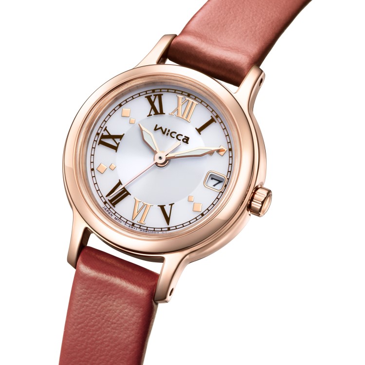 CITIZEN シチズン wicca ウィッカ KH4-963-14 レディース 腕時計 ソーラーテック 光発電 ステンレスめっき ピンクゴールド ケース 合成皮革ベルト デイト表示 クリスタルガラス 5気圧防水