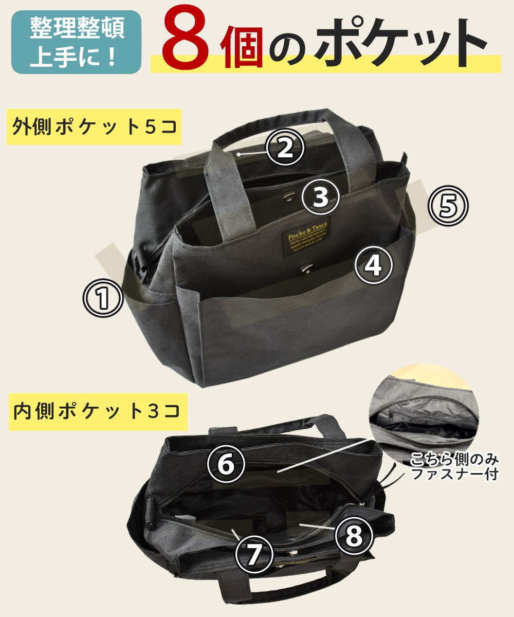 2WAY ミニトートバッグ ショルダーバッグ ブラック 多ポケット 8ポケット レディース メンズ