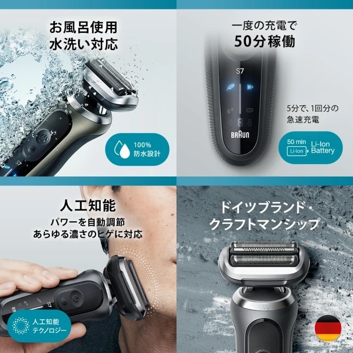Braun ブラウン 電動シェーバー 密着シリーズ7 72-N1500S ブラック 3枚刃 防水 海外対応 ヒゲトリマー付き