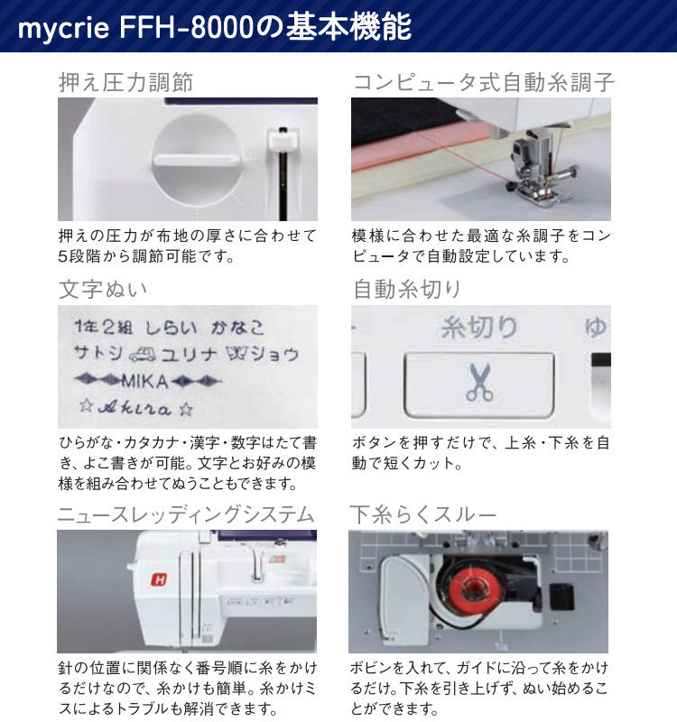 【コンピューターミシン&11大特典＆裁縫箱セット】ハッピージャパン FFH-8000 ミクリエ（mycrie）＆フットコントローラー・ワイドテーブル&サンコッコー手芸道具11点＆山崎実業 TOWER 裁縫箱 5060 セット