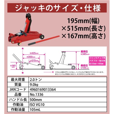 大橋産業 BAL 油圧式フロアジャッキ 2.0t 1336 ＆ ジャッキアップ用アダプター 1350