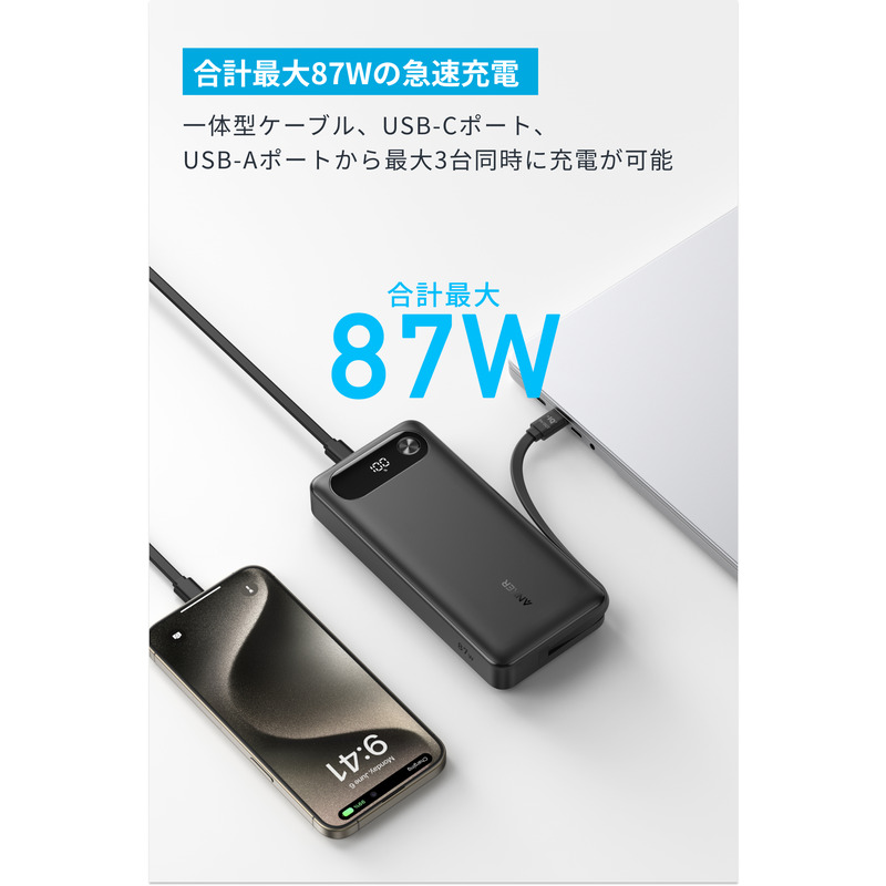 アンカー ANKER Power Bank (20000mAh 87W Built-In USB-C ケーブル) ホワイト A1383N21