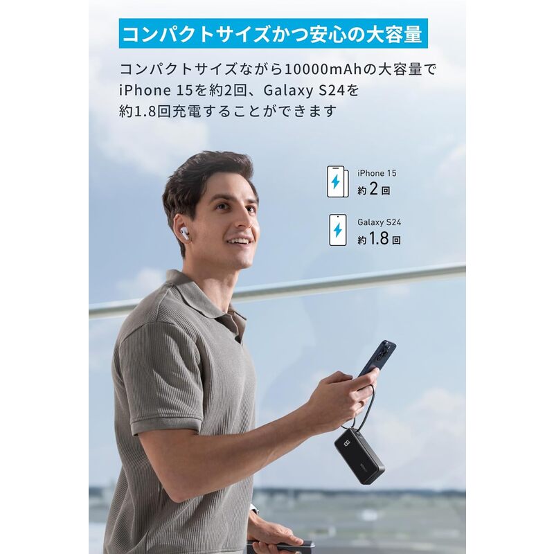 アンカー ANKER Power Bank (10000mAh Fusion Built-In USB-C ケーブル) ブラック A1637N11