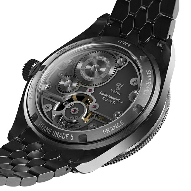 イエマ スーパーマン・トゥールビヨンCMM.31 リミテッドエディション 自動巻き 腕時計 ブランド メンズ チタン 数量限定 オープンハート YEMA 12.25.31.66.TE.MT アナログ ブラック 黒 フランス製 おしゃれ 防水 プレゼント 男性 実用的