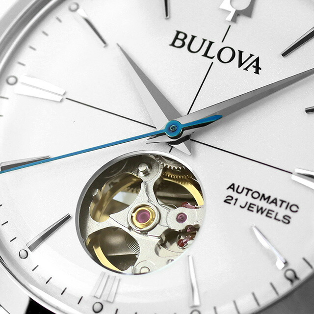 ブローバ クラシック エアロジェット 自動巻き 腕時計 ブランド メンズ オープンハート BULOVA 96A318 アナログ ホワイト ダークブラウン 白 おしゃれ 防水 プレゼント 男性 実用的