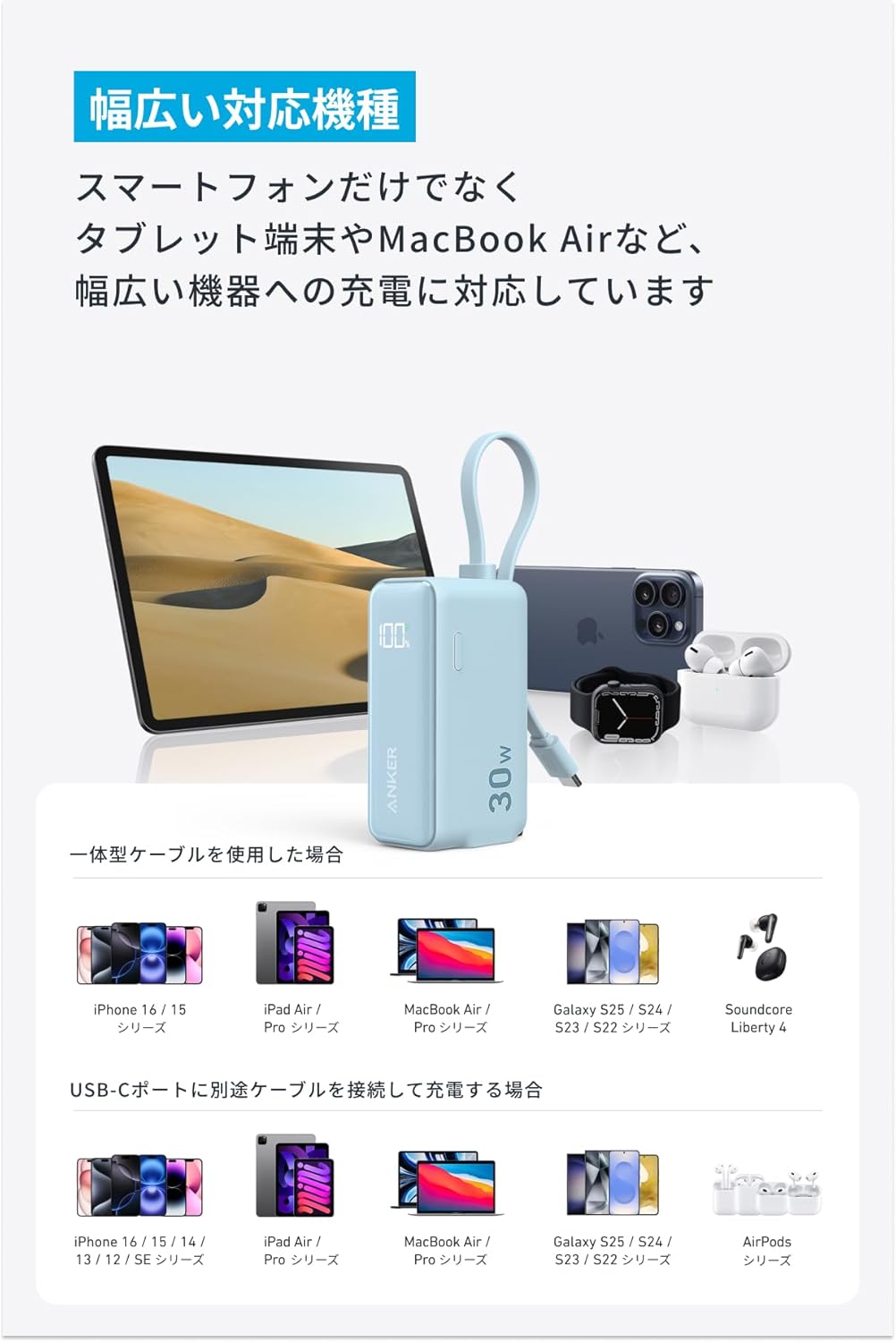 Anker Power Bank (30W, Fusion, Built-In USB-C ケーブル) ブラック