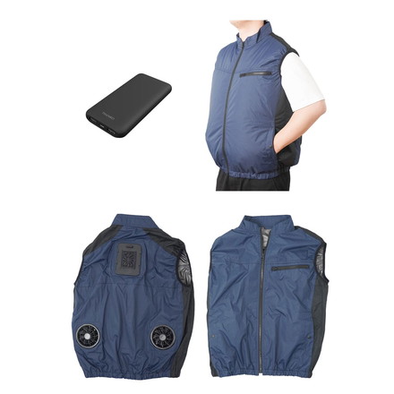 モバイルバッテリーセット 冷却ベスト ペルチェ式 冷蔵服 空調作業服 洗濯可能 10000mAhバッテリー 軽量 作業服 フリーサイズ M X XL サイズ ネイビー THANKO サンコー TKCV24FNV