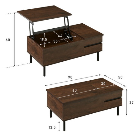昇降式テーブル 幅90cm 天板昇降 テーブル 昇降式 ローテーブル リフティングテーブル ブラウン
