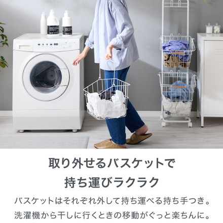 ランドリーバスケット 3段 木取っ手 角形 ランドリーワゴン 洗濯かご キャスター付き スリム スクエアタイプ ブラック