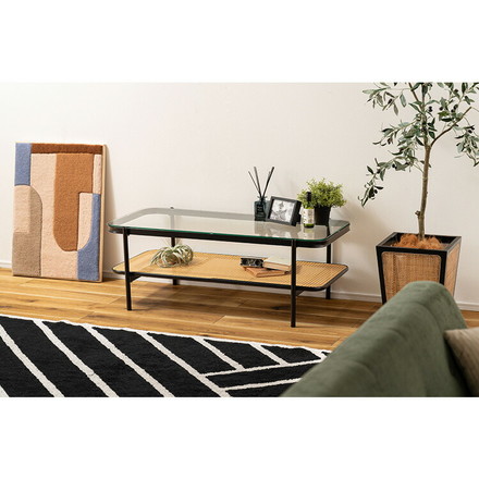 ガラステーブル ラタン 幅110cm リビングテーブル センターテーブル 籐 透け感 抜け感