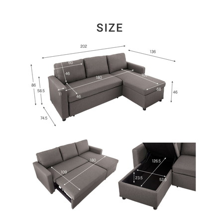 跳ね上げ式 ソファベッド 3人掛け 幅202cm 収納付き L字 3P ファブリック カウチソファ ソファーベッド 収納ソファ ライトグレー