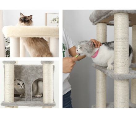 キャットタワー スリム 据え置き 省スペース 猫用品 46×46×148cm 麻縄巻×ライトグレー