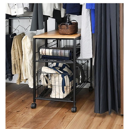 隙間収納 バスケット付き 2段 持ち運べるかご付き キャスター付き 押し入れ収納 クローゼット収納 おもちゃ収納