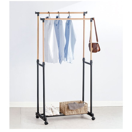 ハンガーラック 2段 伸縮 高さ95/162 木目調 大容量 省スペース ダブル 高さ調整 ラック コートハンガー