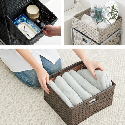 キャスター付きラタン調サニタリー収納 幅35cm スリム 引き出し サニタリーチェスト サニタリー すき間 チェスト ブラック