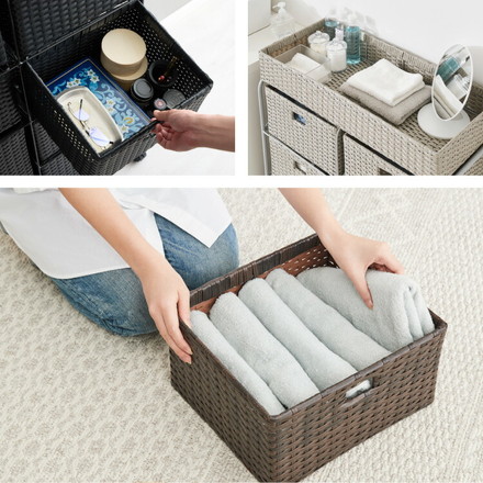 キャスター付きラタン調サニタリー収納 幅70cm ワイド 大容量 引き出し サニタリーチェスト ブラウン