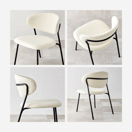 カフェテーブル&チェア 3点セット ブークレ生地 スチール脚 デザインチェア テーブル+ダイニングチェア2脚 ダークグレー