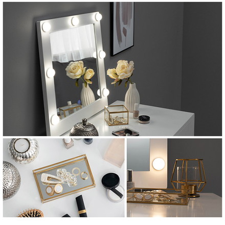 LEDライト付き 女優ドレッサー スツールセット 3色ライト 照明 丸型 ミラー 鏡 メイク 白 ホワイト