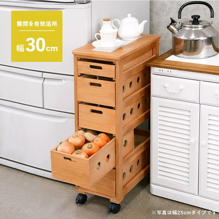 キッチンストッカー 木製 ワゴン 5段 幅30cm 完成品 野菜ストッカー すき間収納 隙間収納 天板タイル 引出し ライトブラウン