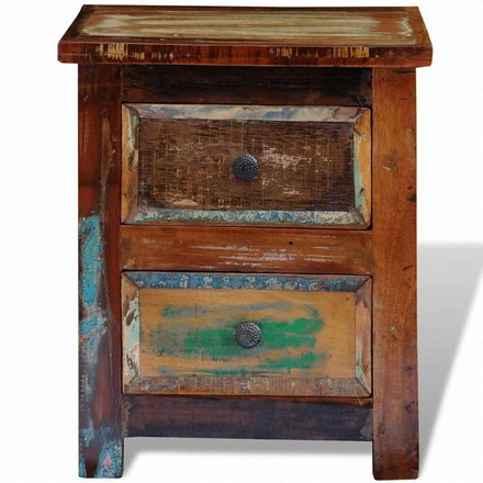 vidaXL ナイトテーブル 引き出し2段付き 無垢の再生木製家具 テーブル ベッドサイドテーブル