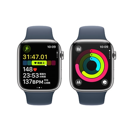 Apple Watch Series 9（GPS + Cellularモデル）- 45mmシルバーステンレススチールケースとストームブルースポーツバンド - S/M with AppleCare+