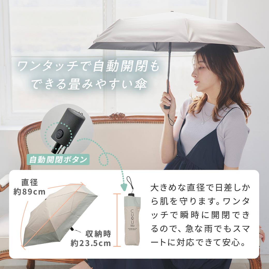 くるっと 畳みやすい傘 CURUtto クルット 自動開閉 形状記憶傘 晴雨兼用 完全遮光 日傘 折りたたみ傘 無地/切替 遮光率100% 遮蔽率100% 撥水 親骨50cm 紫外線カット UVカット