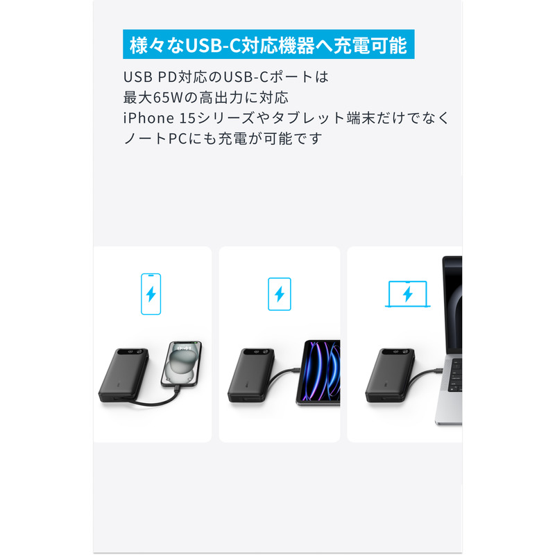 アンカー ANKER Power Bank (20000mAh 87W Built-In USB-C ケーブル) ホワイト A1383N21