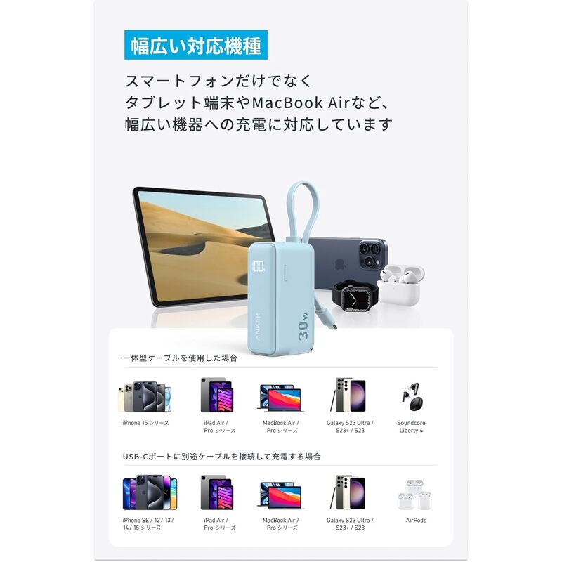 アンカー ANKER Power Bank (30W Fusion Built-In USB-C ケーブル) ブラック A1636N11