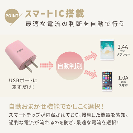 mitas ACアダプター 2.4A 2ポート USB 急速充電 本体+充電ケーブル【Aタイプ】 ER-UALY24-PK/JX-LMC3-WH ダスティピンク