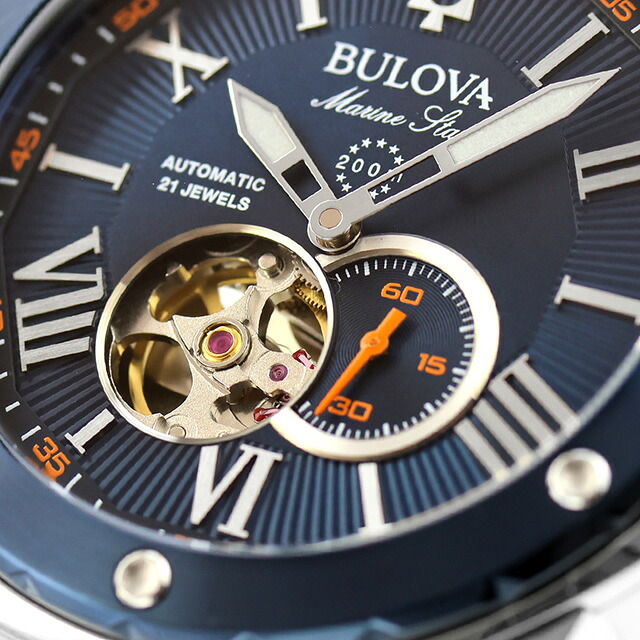 ブローバ マリンスター 自動巻き 腕時計 ブランド メンズ オープンハート BULOVA 98A302 アナログ ネイビー おしゃれ 防水 プレゼント 男性 実用的