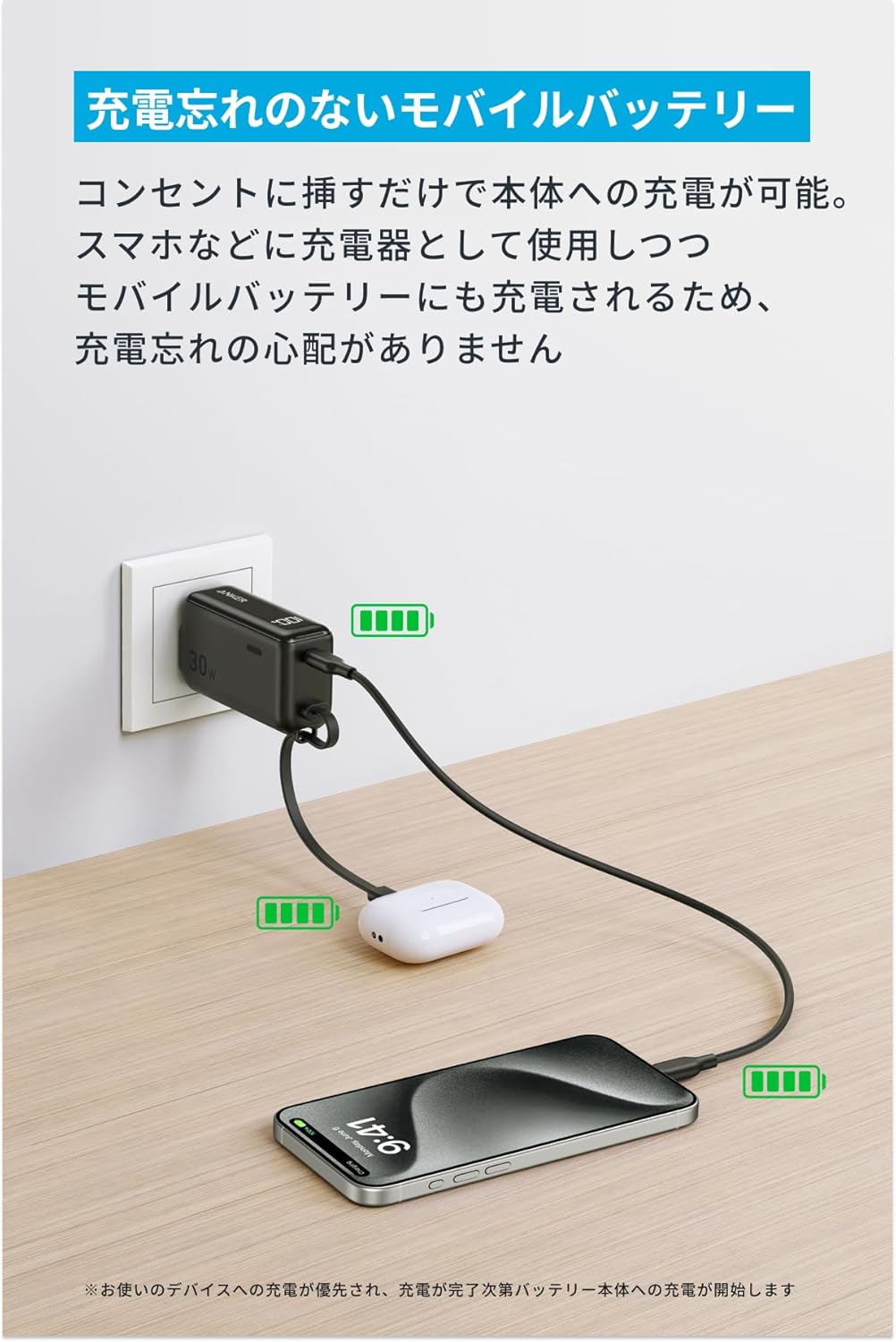 Anker Power Bank (30W, Fusion, Built-In USB-C ケーブル) ブラック