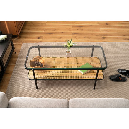 ガラステーブル ラタン 幅110cm リビングテーブル センターテーブル 籐 透け感 抜け感