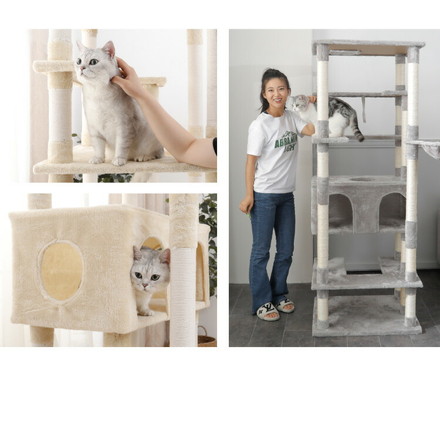 キャットタワー スリム 据え置き 省スペース 猫用品 68×60×184cm 麻縄巻×ベージュ