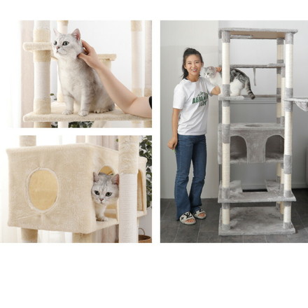 キャットタワー スリム 据え置き 省スペース 猫用品 68×60×184cm 綿縄巻×ライトグレー