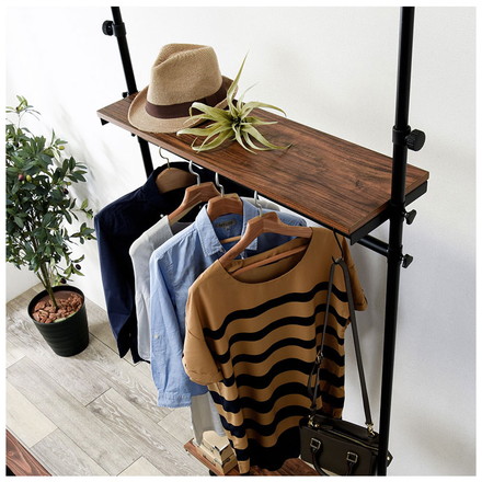 つっぱり ハンガーラック 幅90 突っ張り棚 収納 木目 突っ張り棒 棚 伸縮 調節 壁面収納 間仕切り ブラック/ブラウン