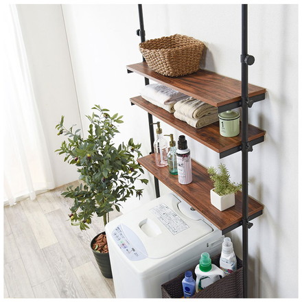 つっぱり 洗濯機ラック 幅90 突っ張り棚 ランドリーラック 収納 木目 突っ張り棒 棚 伸縮 調節 ブラック/ブラウン