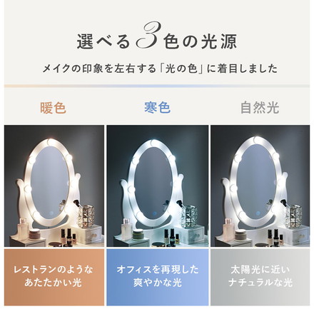 LEDライト付き エレガント 女優ドレッサー スツールセット 3色ライト 照明 ミラー 鏡 メイク 曲線脚 白