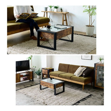 ヴィンテージ調 センターテーブル 75×50 引き出し ガラス天板 ローテーブル