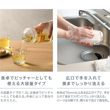 【新色追加】LIPPY 洗いやすい ウォーターボトル 1L 1リットル 日本製 メモリ付き 軽量 トライタン 透明 広口 水筒 ボトル 常温ボトル パッキン付き ハンドル付き BC-1000 OSK アンバー