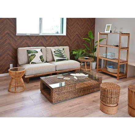 リビングテーブル 120cm幅 センターテーブル ガラステーブル ラタン バナナリーフ アジアン ナチュラル