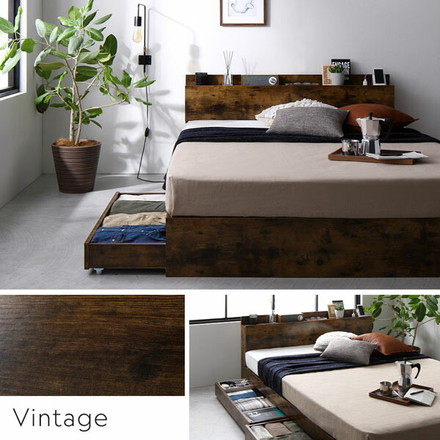 ベッド 収納付き 引き出し付き 木製 棚付き 宮付き コンセント付き シンプル モダン ブラック